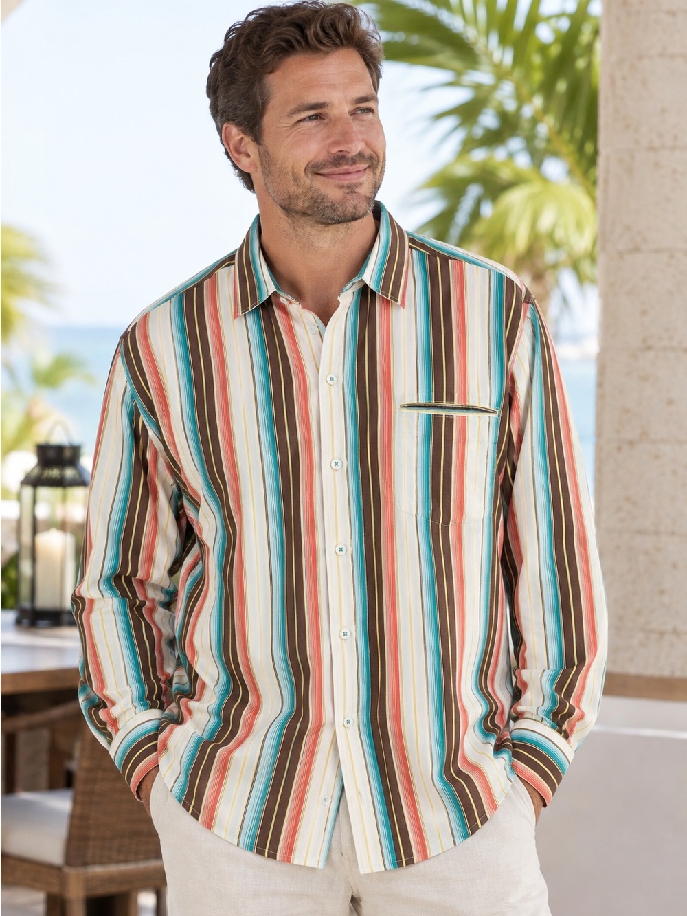 Tommy Bahama Silk Blend Shirt Men’s XXL Multicolor Striped Long Sleeve Button Up